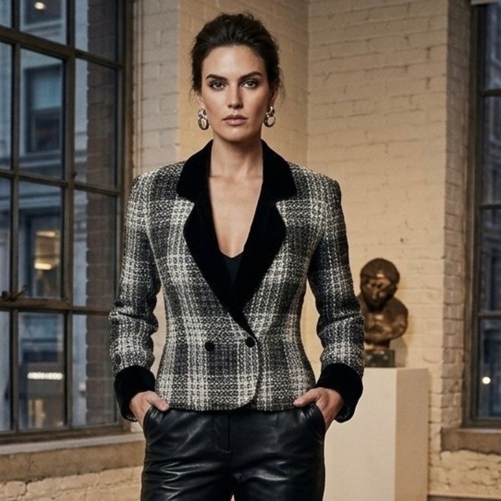 Your Sixth Sense Wool BlendTweed Blazer Black Velvet Trim Double Breasted -Sz M